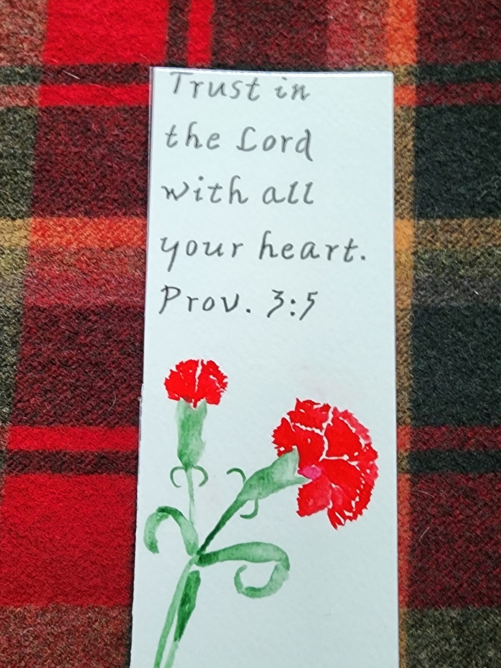 Handmade Bookmark with Red Carnation Watercolor and Bible Verse
